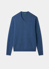 Hampshire Lambswool Vee Neck Jumper in Jeans, classic fit, with ribbed cuffs and hem, laid flat on white background.
