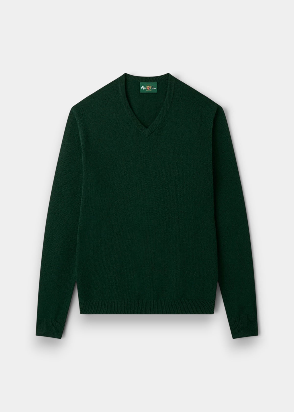Hampshire Lambswool V-Neck Jumper in Tartan Green, classic fit, shown laid flat on a white background.
