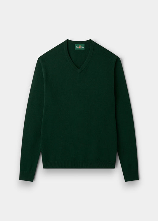 Men's Lambswool Vee Neck Jumper in Tartan Green