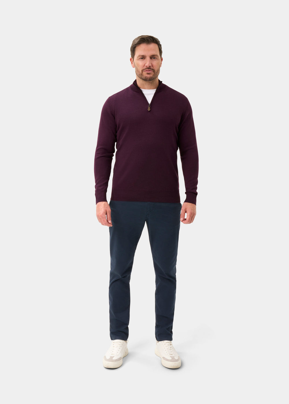 Men's Merino Wool Quarter Zip Neck Jumper in Black Grape