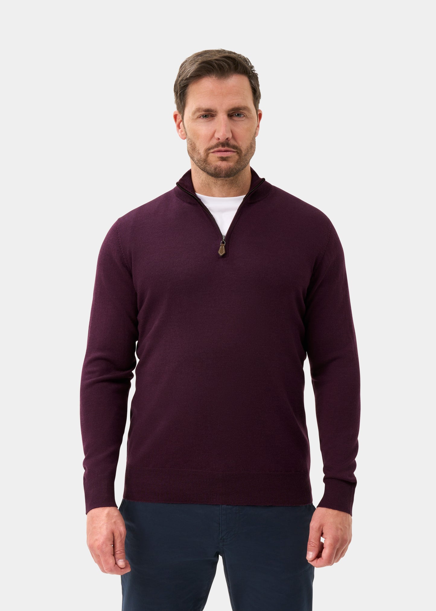 Men's Merino Wool Quarter Zip Neck Jumper in Black Grape