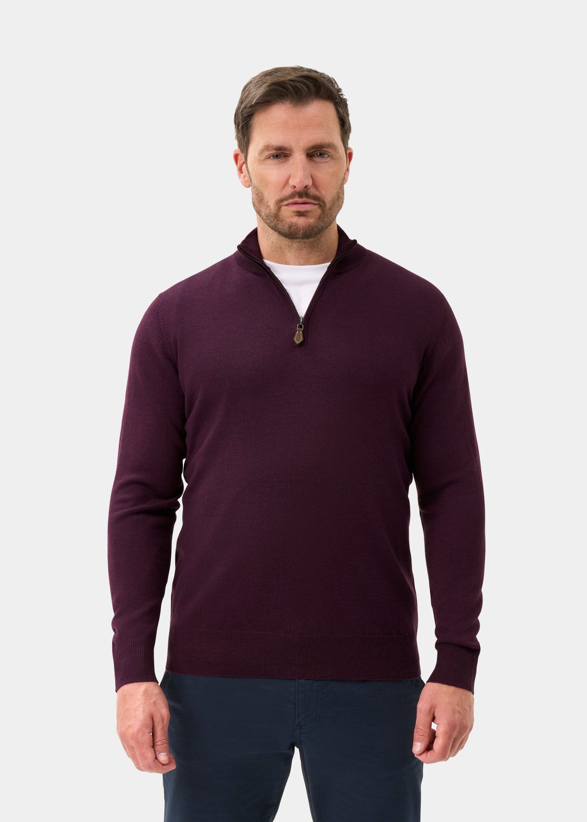 Men's Merino Wool Quarter Zip Neck Jumper in Black Grape