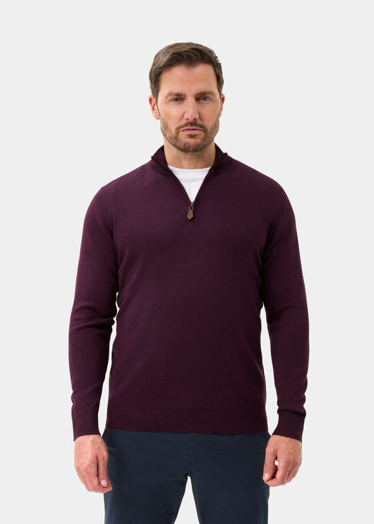 Men's Merino Wool Quarter Zip Neck Jumper in Black Grape