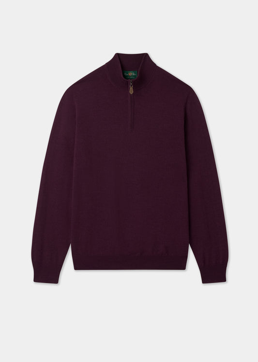 Men's Merino Wool Quarter Zip Neck Jumper in Black Grape