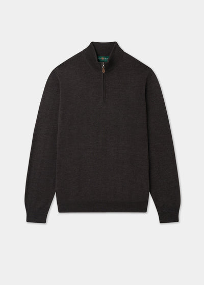 Men's Merino Wool Quarter Zip Neck Jumper in Dark Brown