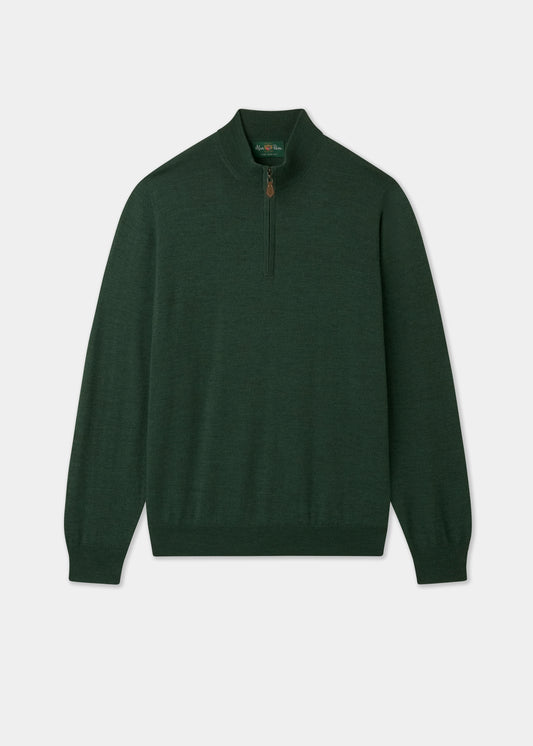 Men's Merino Wool Quarter Zip Neck Jumper in Hunter Green
