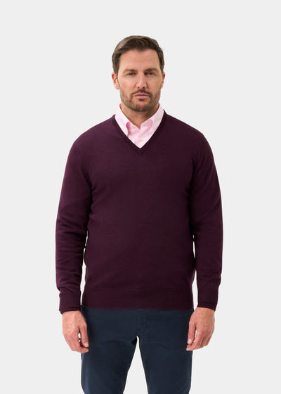 Men's Merino Wool Vee Neck Jumper in Black Grape