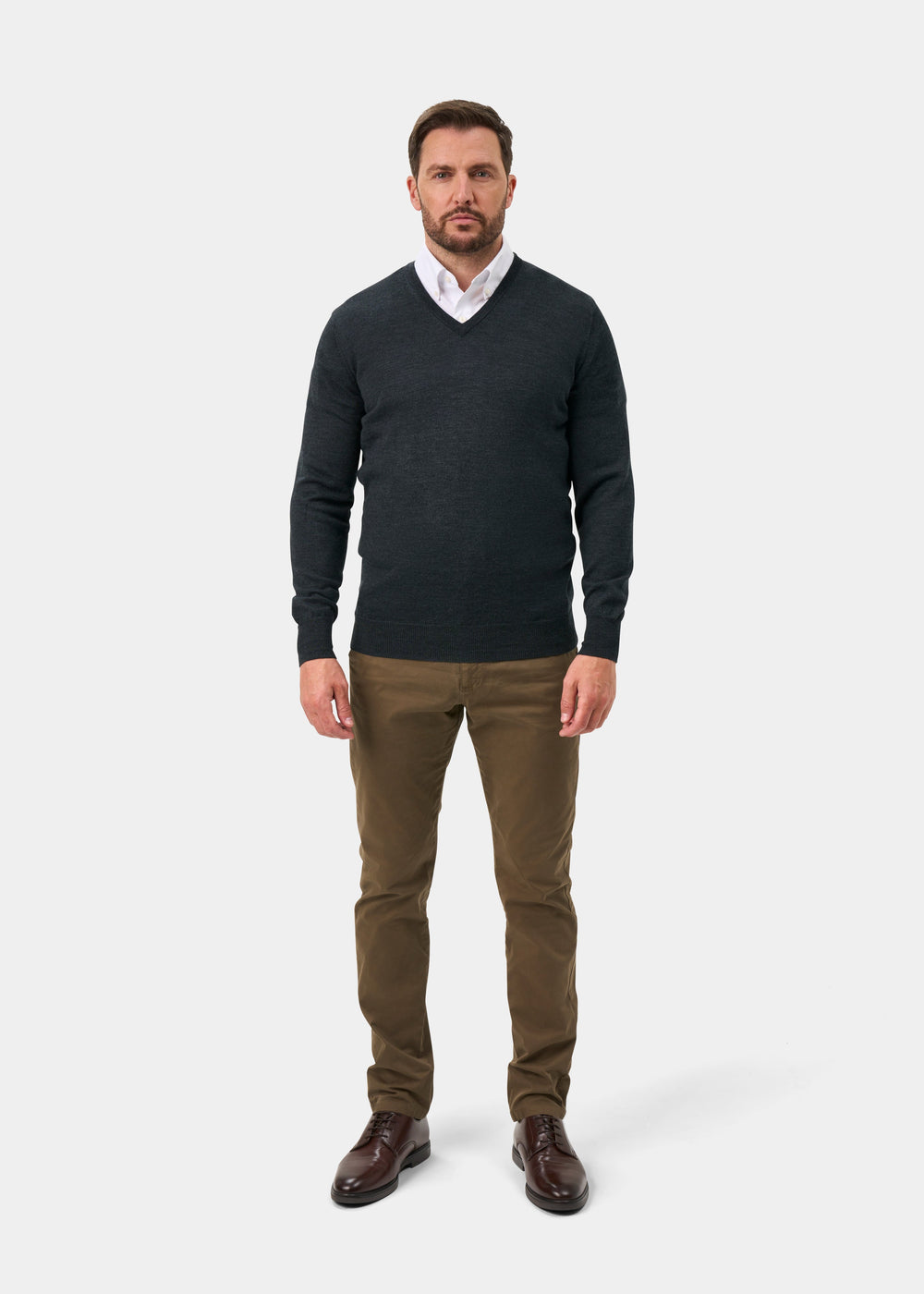 Millbreck Merino Wool V-Neck Jumper In Charcoal - Regular Fit