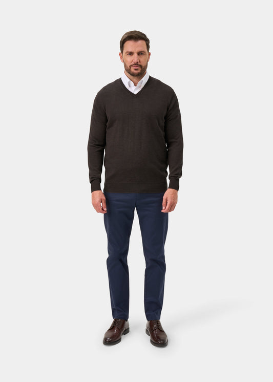 Millbreck Merino Wool V-Neck Jumper In Dark Brown - Regular Fit