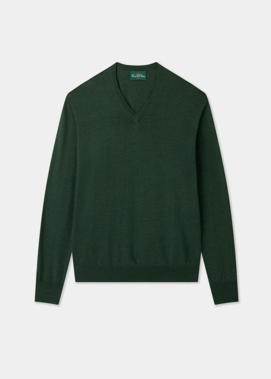 Men's Merino Wool Vee Neck Jumper in Hunter Green
