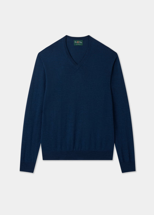 Men's Merino Wool Vee Neck Jumper in Indigo