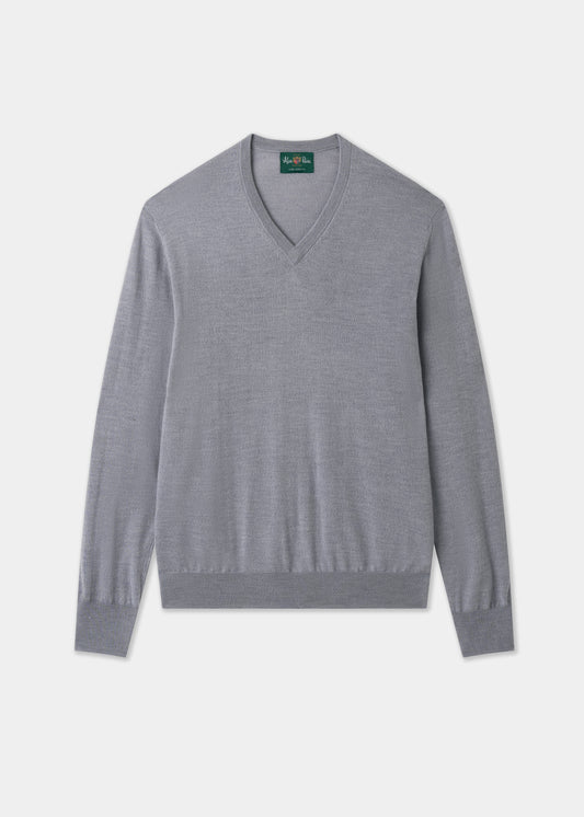 Men's Merino Wool Vee Neck Jumper in Light Grey Mix