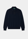 Hindhead Men’s Merino Wool Polo Shirt in Dark Navy, regular fit, long sleeves, 3-button placket, laid flat.