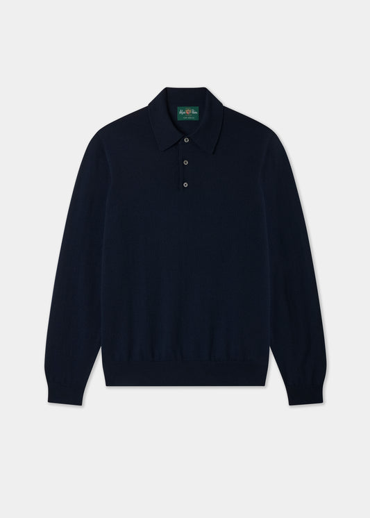 Hindhead Men’s Merino Wool Polo Shirt in Dark Navy, regular fit, long sleeves, 3-button placket, laid flat.