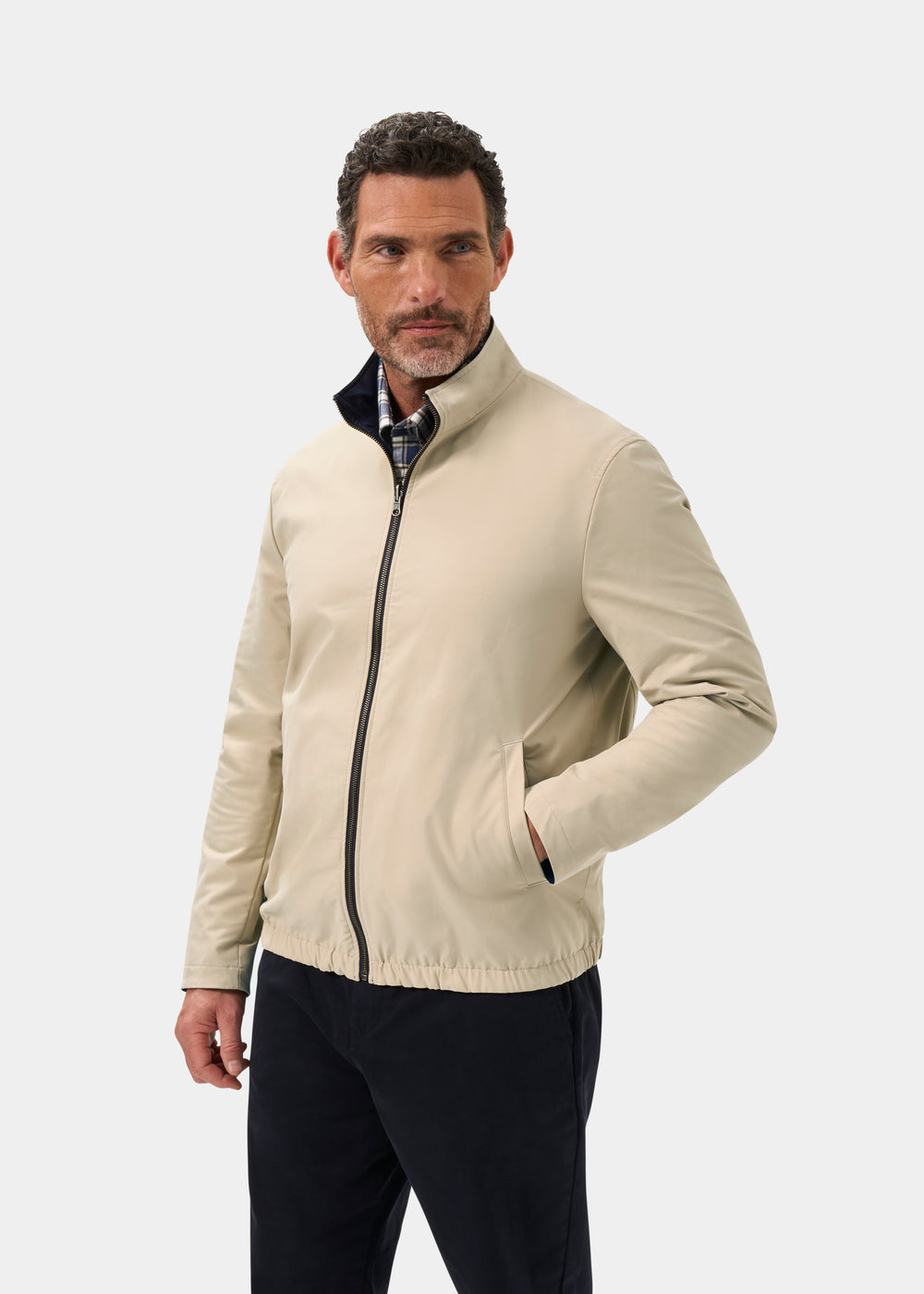 Men's Polyester Reversible Bomber Jacket in Beige & Navy