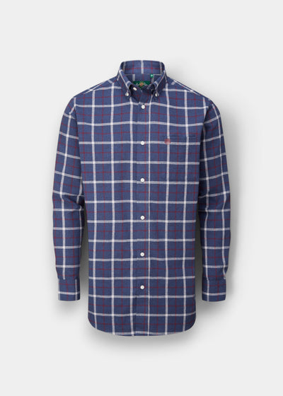 Ilkley Flannel Check Shirt in blue, shooting fit, button-down collar, long sleeves, shown on a white background.