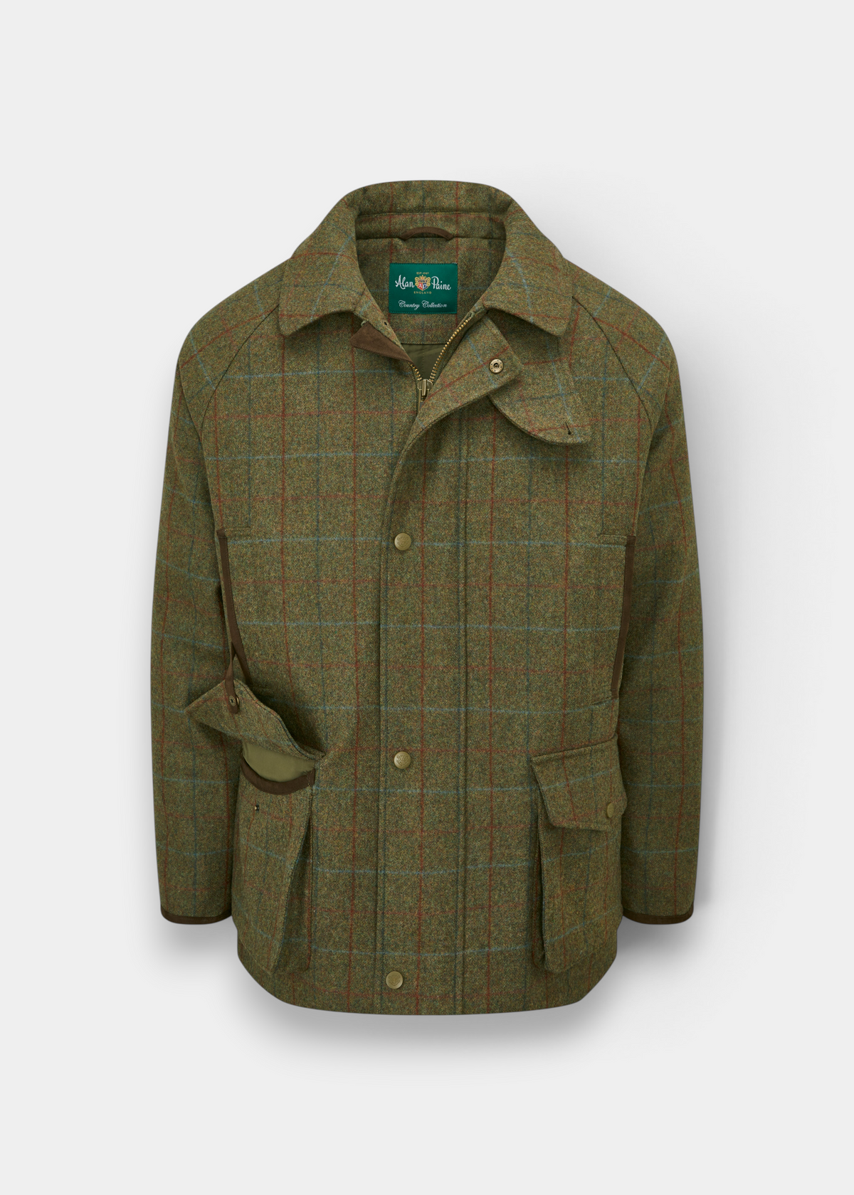 Alan Paine Surrey men's waterproof shooting coat in Hawkswood green wool tweed with cartridge and hand-warmer pockets