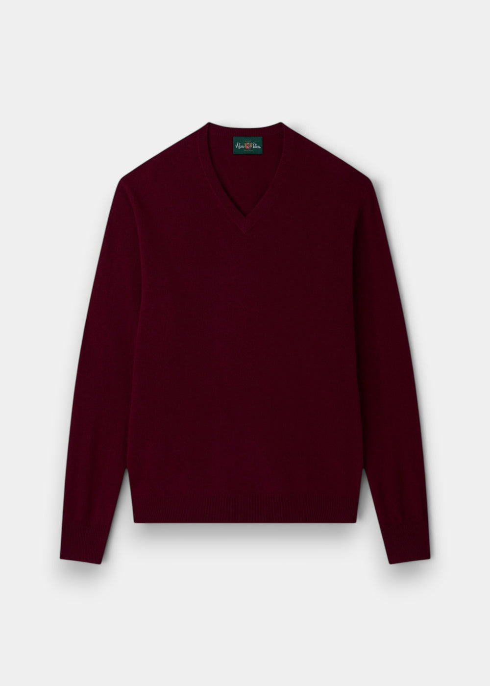 Albury Geelong Wool V-Neck Jumper in Claret, regular fit, men’s style shown flat on a white background.
