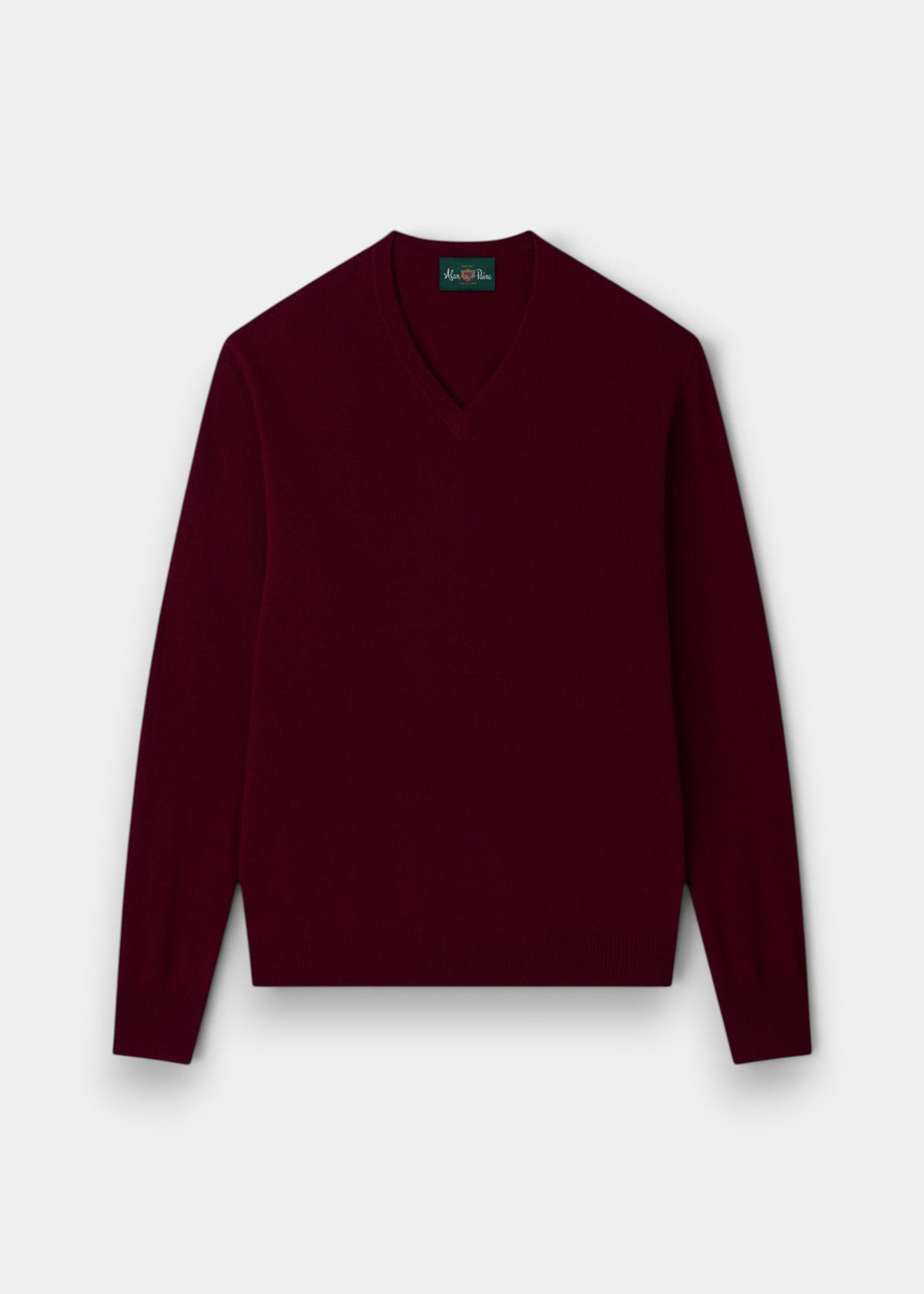 Albury Geelong Wool V-Neck Jumper in Claret, regular fit, men’s style shown flat on a white background.