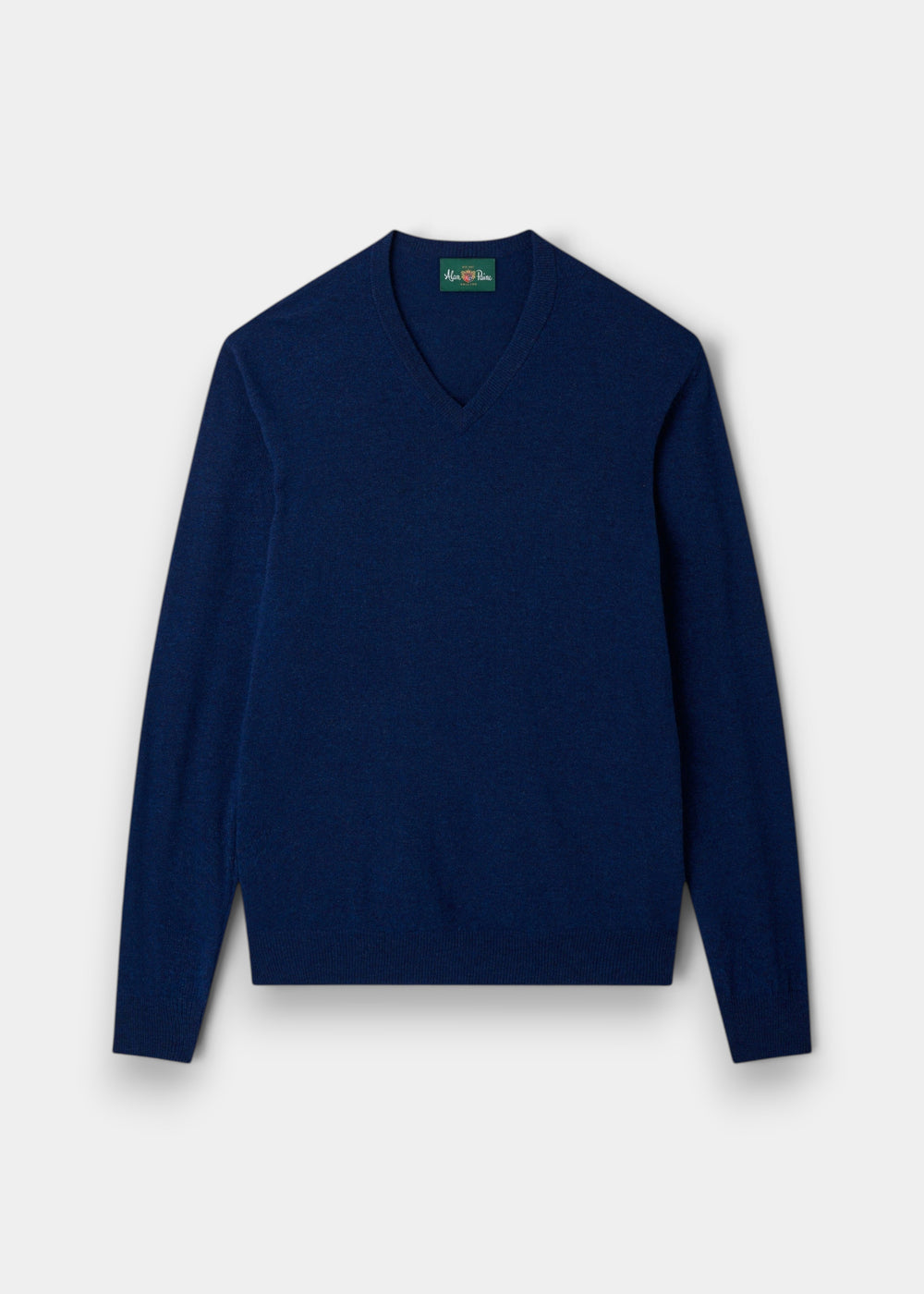 The Albury Geelong Wool V-Neck Jumper in Indigo (Regular Fit) is laid flat on a white background.