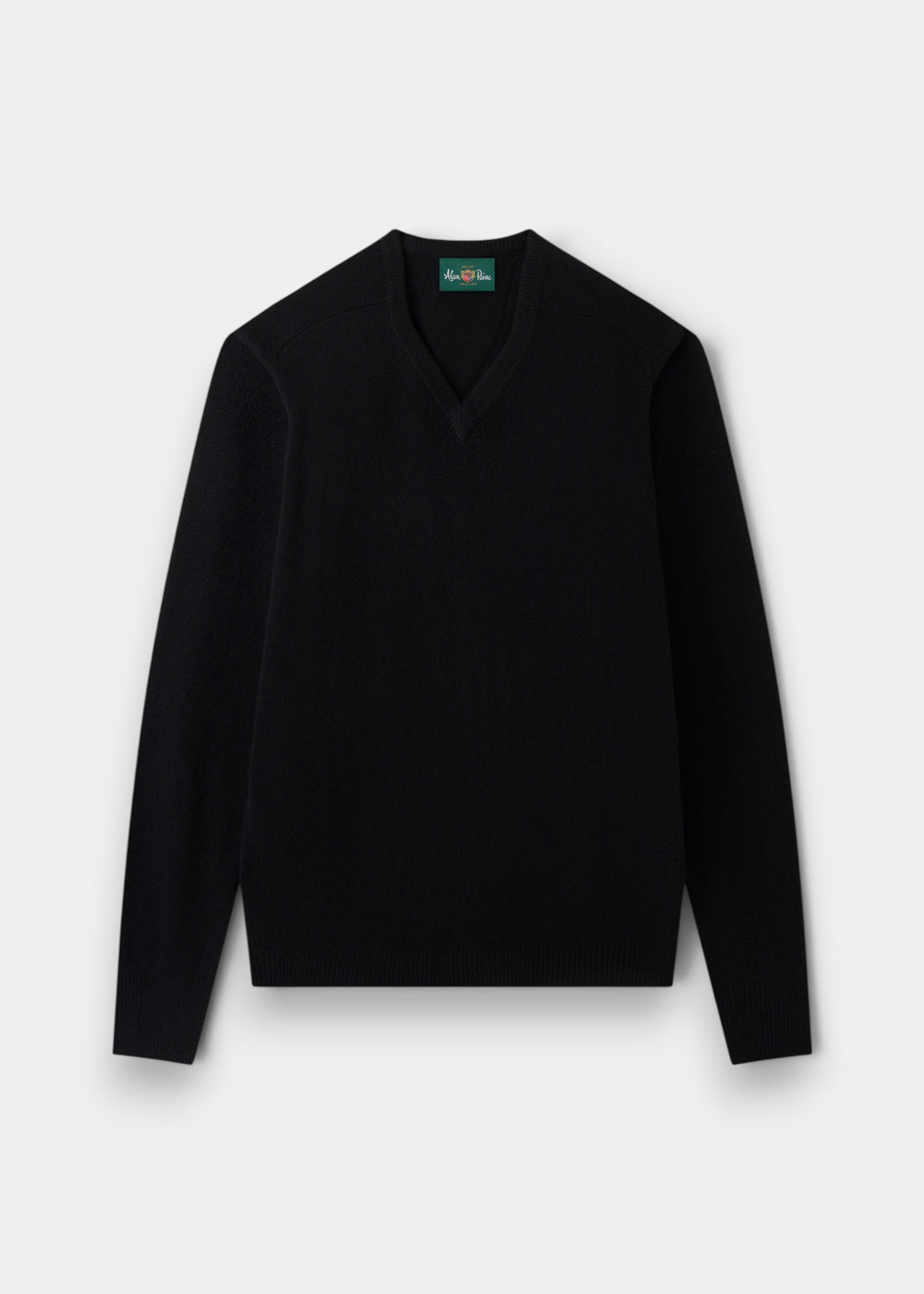 Alan Paine black V-neck jumper in soft lambswool with a classic fit, saddle shoulders, and ribbed cuffs and hem.