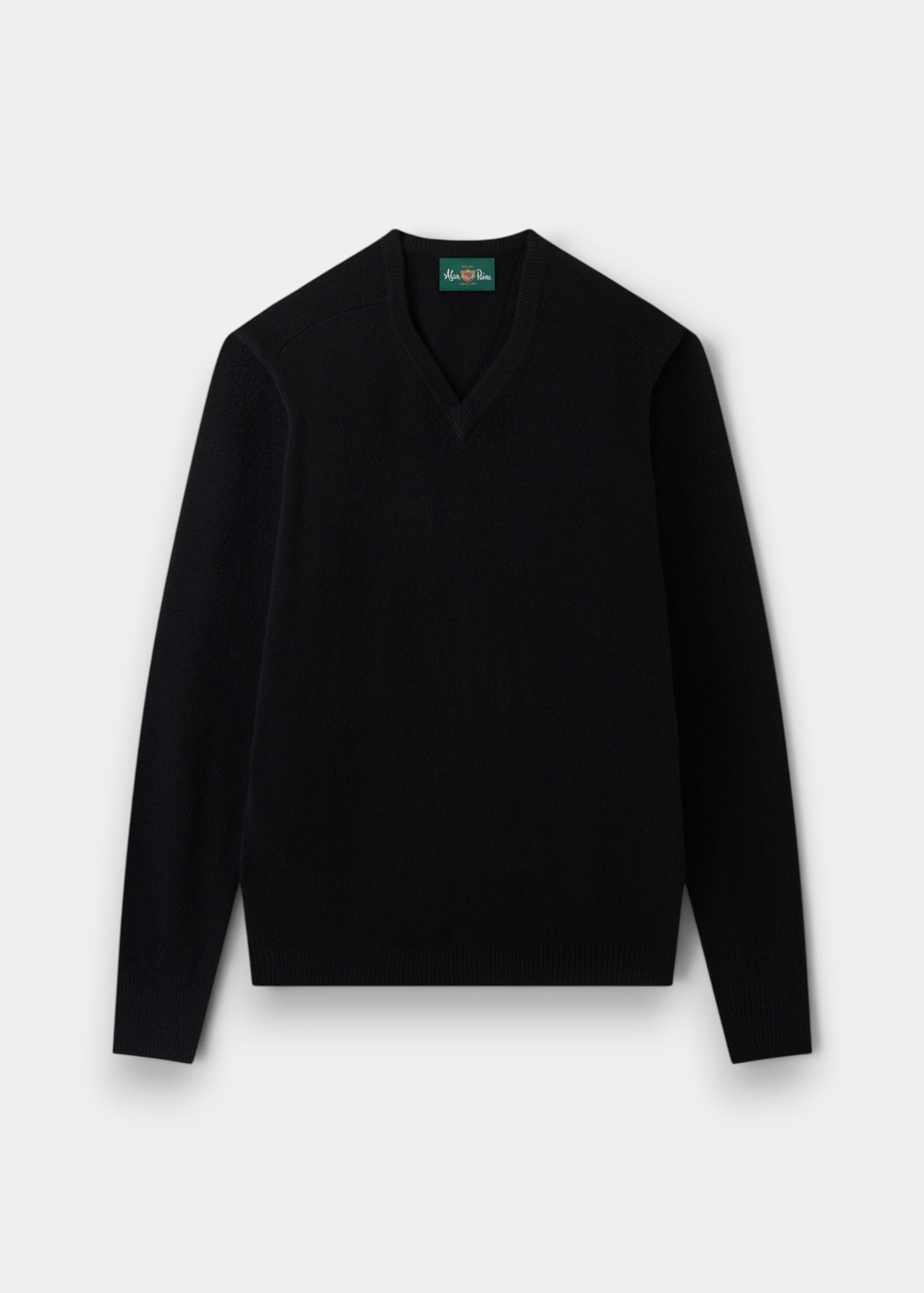 Alan Paine black V-neck jumper in soft lambswool with a classic fit, saddle shoulders, and ribbed cuffs and hem.