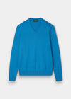Alan Paine Rothwell blue lagoon v-neck jumper in a soft pima cotton and cashmere blend with ribbed hem and cuffs.