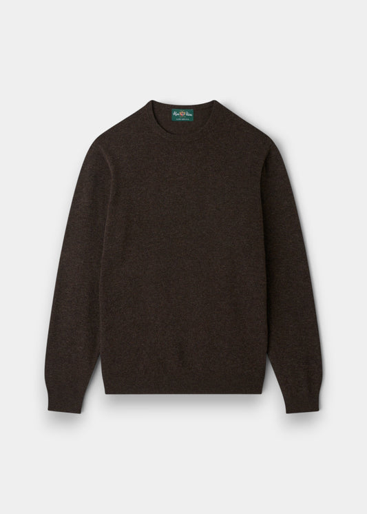Alan Paine Brisbane crew neck jumper in cocoa brown, crafted from 100% Geelong lambswool with ribbed hem and cuffs.