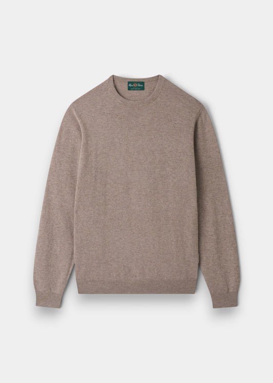 Alan Paine Brisbane crew neck jumper in mushroom geelong wool with ribbed cuffs and hem in a regular fit