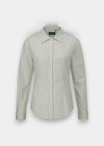 Bromford Ladies Cotton Shirt, regular fit, features an olive check on white cotton with long sleeves.