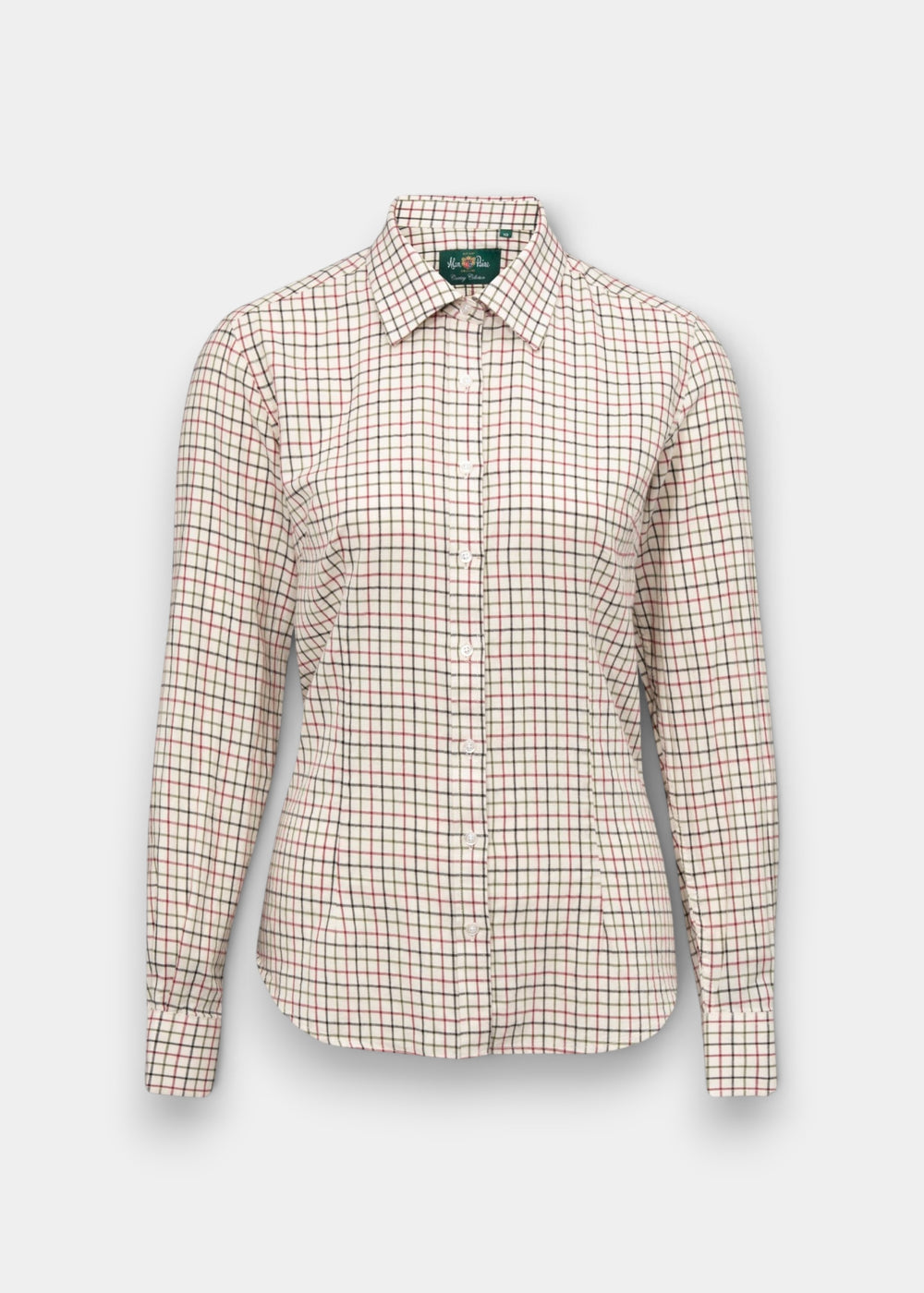 Bromford Ladies Cotton Shirt in Red Check, regular fit, cream long-sleeve, shown on white background.