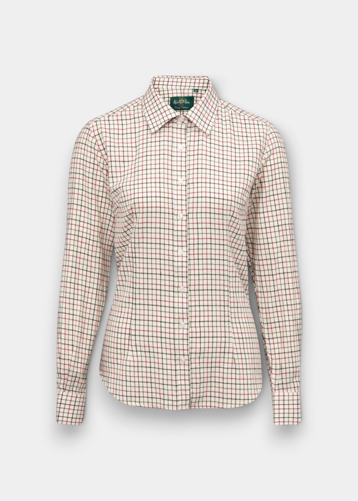 Bromford Ladies Cotton Shirt in Red Check, regular fit, cream long-sleeve, shown on white background.