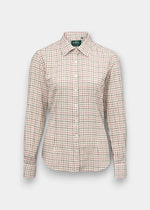 Bromford Ladies Cotton Shirt in Red Check, regular fit, cream long-sleeve, shown on white background.