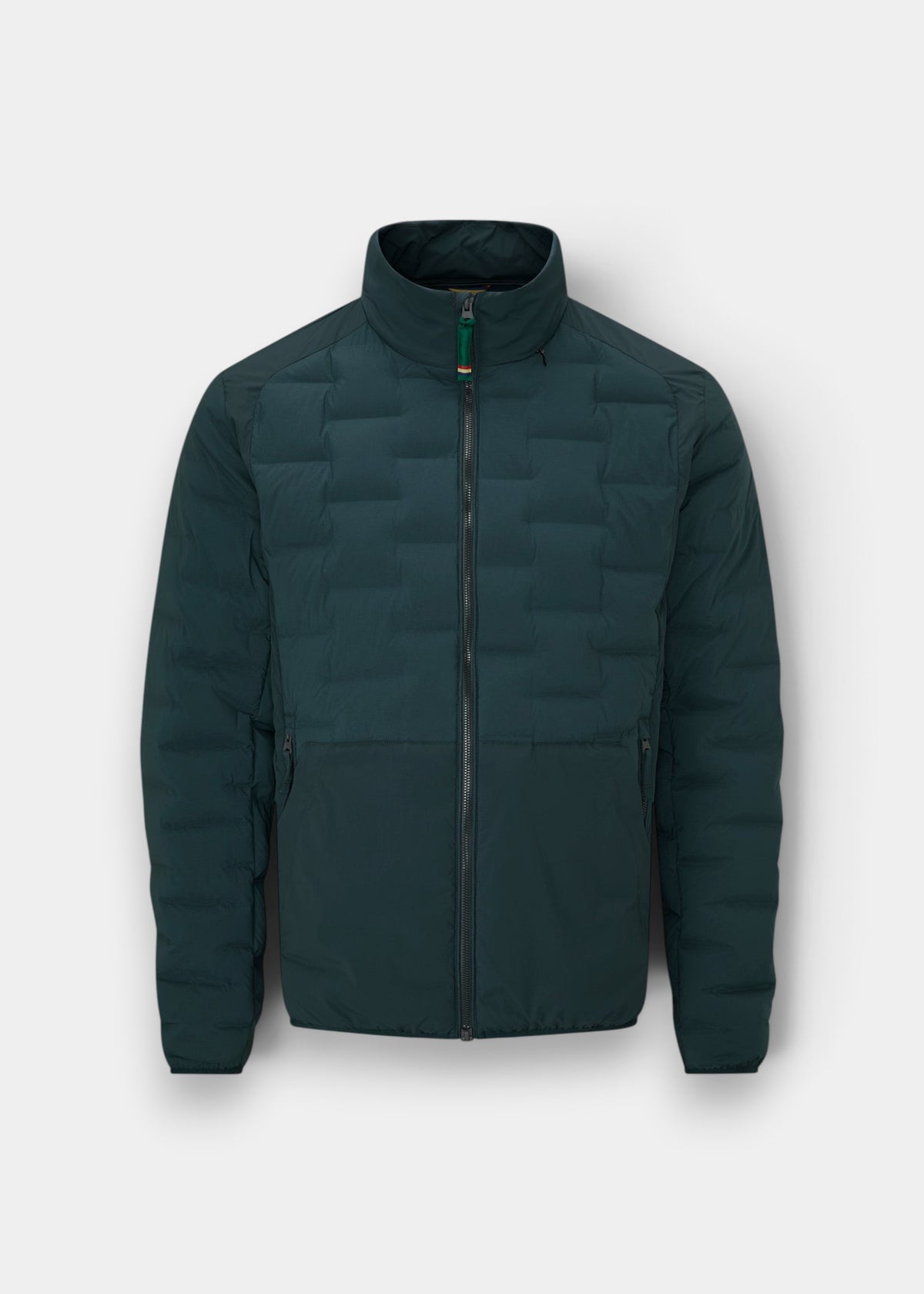 Calsall Men’s Hybrid Jacket in navy, regular fit, with front zipper and zippered side pockets on white background.