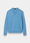 Alan Paine Rothwell Carolina blue V-neck jumper made from a soft Pima cotton and cashmere blend with ribbed trim.