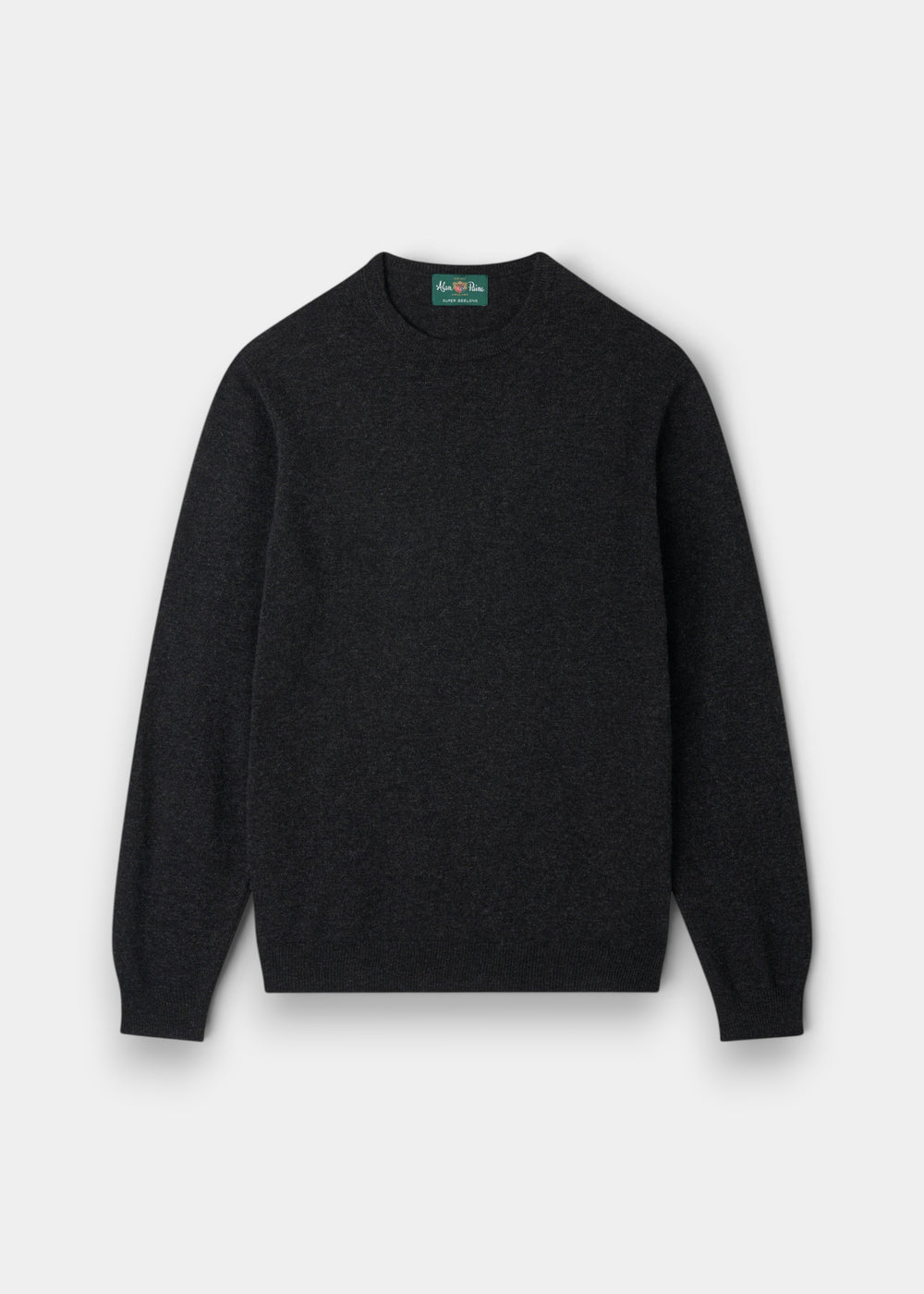 The Brisbane Geelong Wool Crew Neck Jumper in Charcoal (Regular Fit) is laid flat on a light gray background.