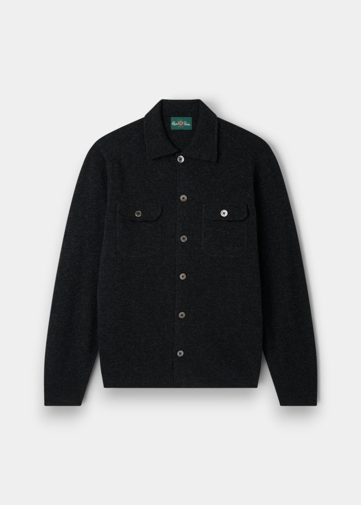 Alan Paine charcoal grey Geelong wool knitted shirt with button-through front and dual chest pockets.