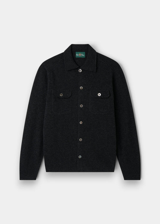 Alan Paine charcoal grey Geelong wool knitted shirt with button-through front and dual chest pockets.