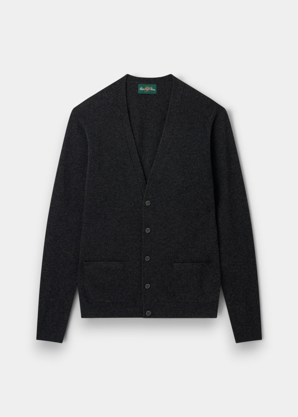 Alan Paine charcoal grey lambswool V-neck cardigan with five buttons, two jetted pockets, and ribbed hem and cuffs.