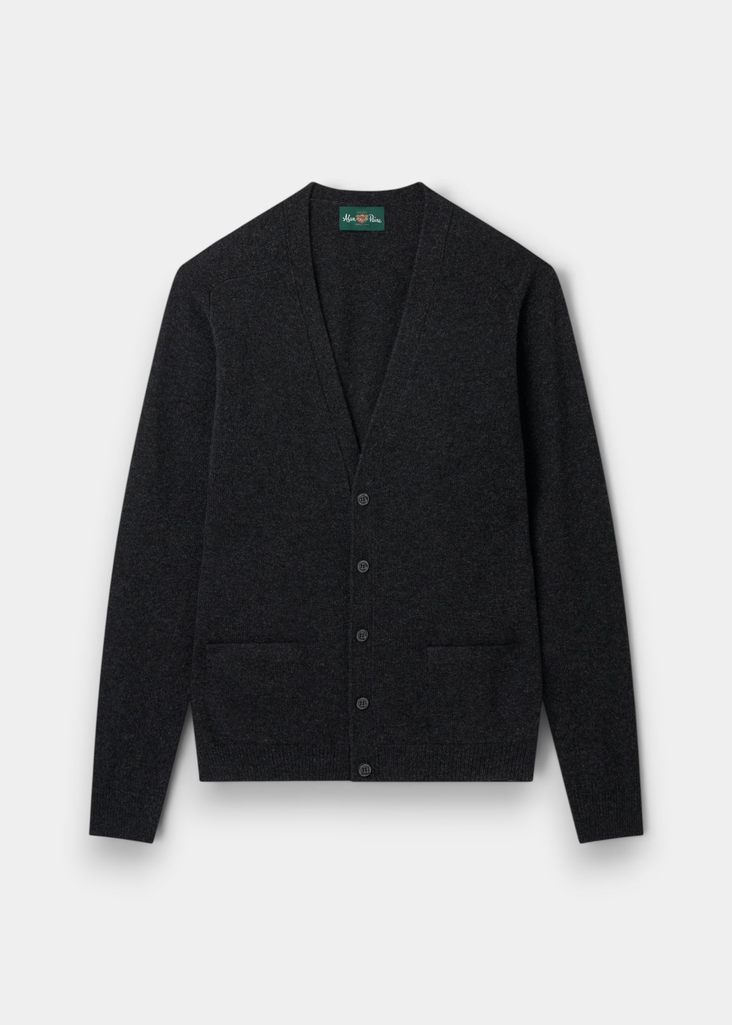 Alan Paine charcoal grey lambswool V-neck cardigan with five buttons, two jetted pockets, and ribbed hem and cuffs.