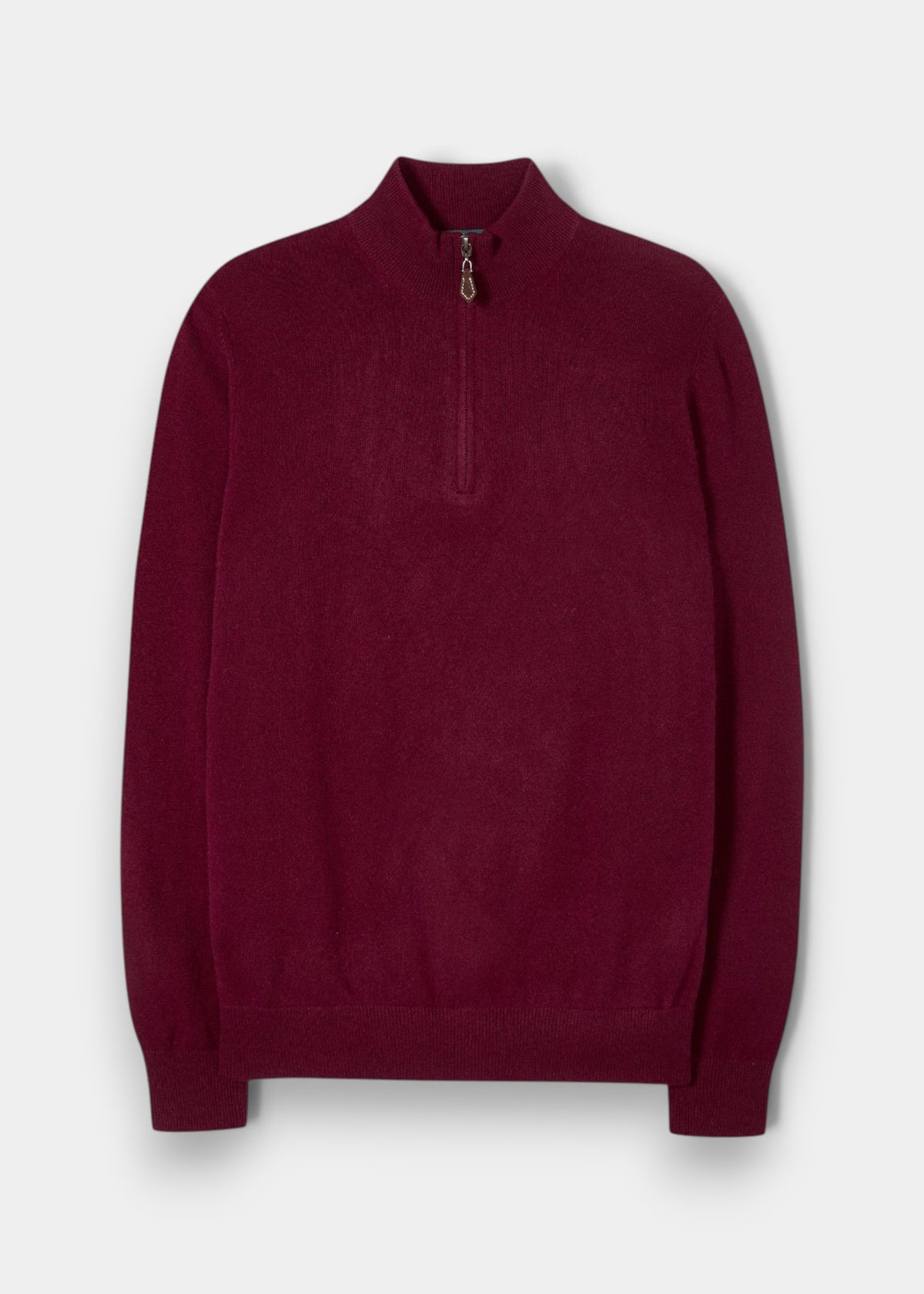 Cairns Geelong Wool Quarter Zip Jumper in Claret, regular fit, laid flat on a light gray background.