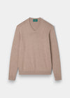 Alan Paine Rothwell coffee brown v-neck jumper in a soft pima cotton and cashmere blend with ribbed hem and cuffs.