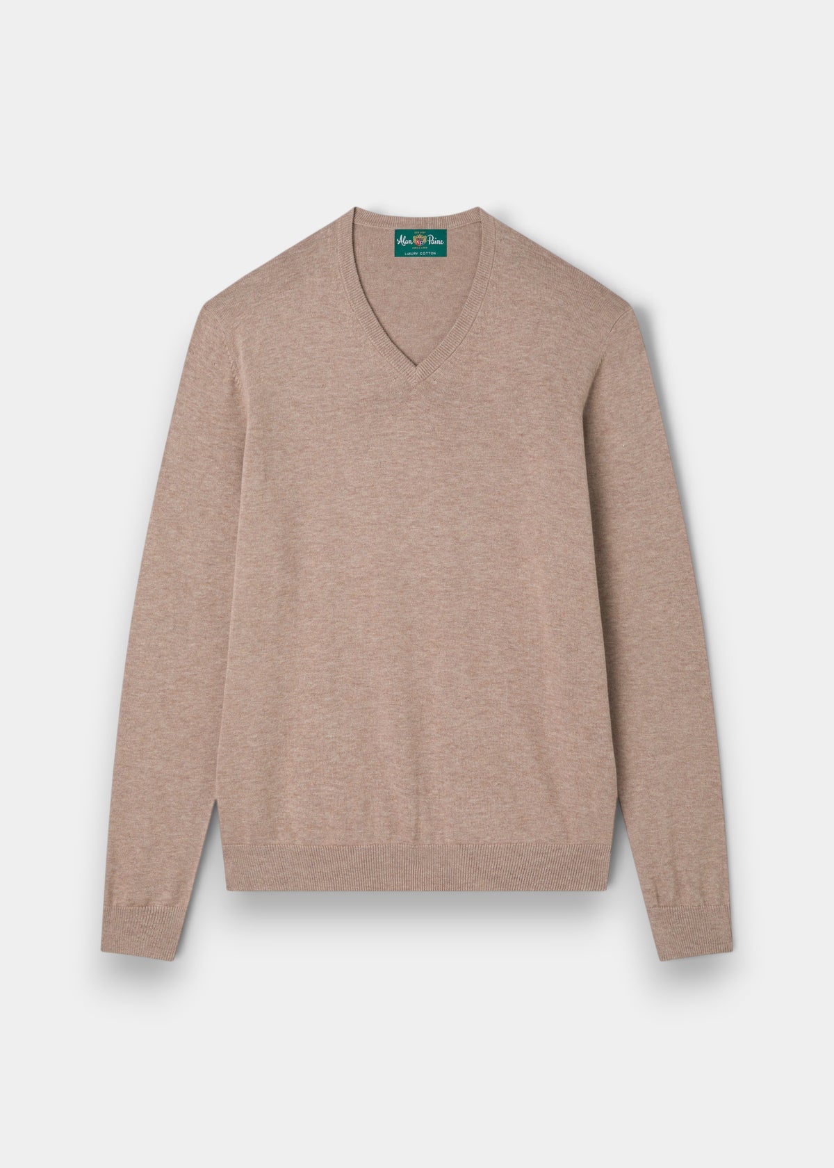 Alan Paine Rothwell coffee brown v-neck jumper in a soft pima cotton and cashmere blend with ribbed hem and cuffs.
