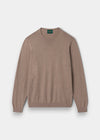 Alan Paine luxury coffee brown crew neck jumper in a soft pima cotton, silk, and cashmere blend with ribbed trim.