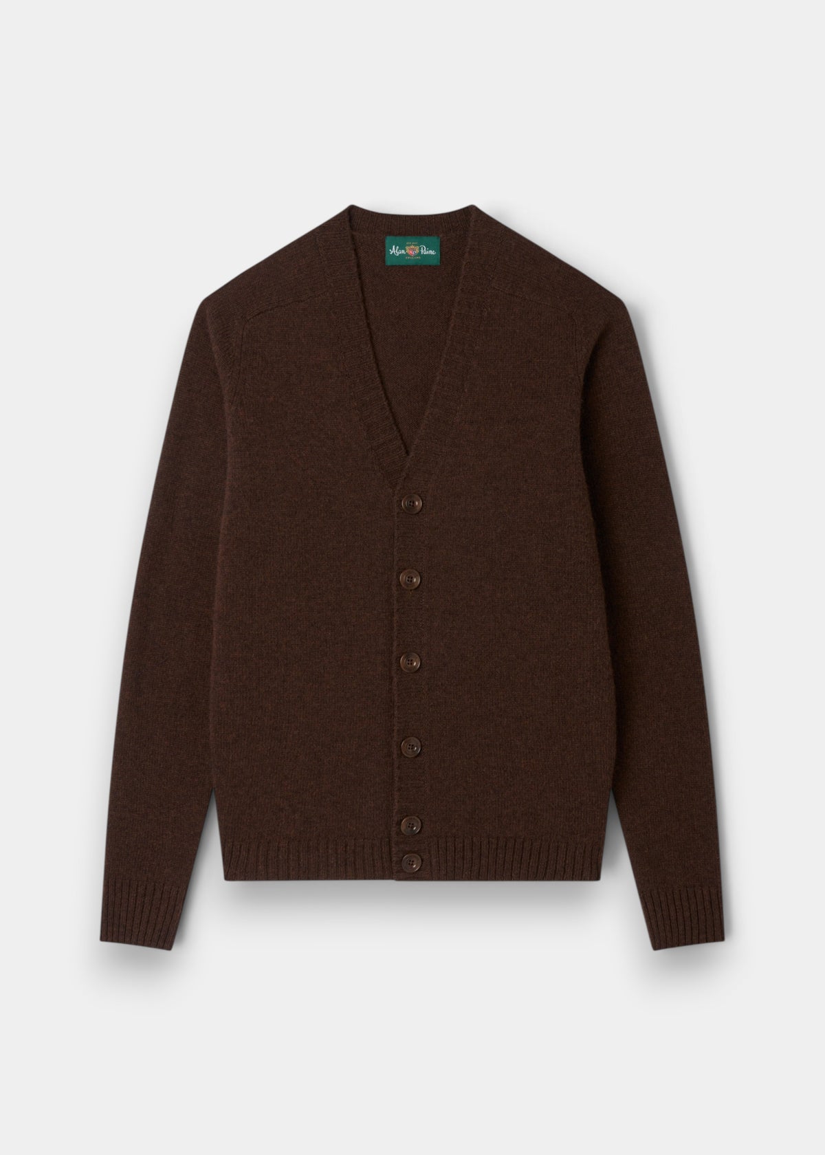 Kinloch Supersoft Shetland Wool V-Neck Cardigan in Coffee, button-up, long-sleeve, laid flat on light gray background.