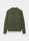 Alan Paine Cornwall lambswool cardigan in landscape green with a V-neck, five-button front, and two jetted pockets.