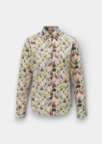 Lawen cotton shirt, regular fit, in cream floral print with pink birds; made from minimal iron cotton.