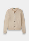 Alan Paine Daphne ladies cardigan in sand, crafted from a soft pima cotton and cashmere blend with a button front.