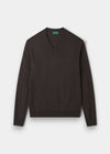 Alan Paine Millbreck dark brown v-neck jumper in 100% fine Italian merino wool with ribbed hem and cuffs.
