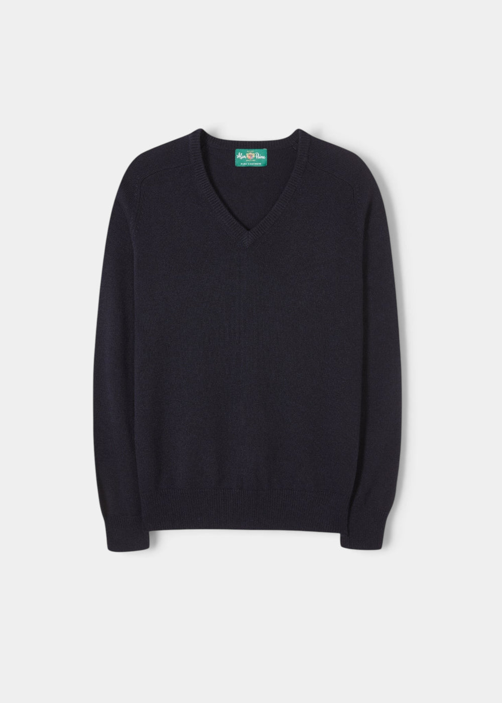 Alan Paine dark navy v-neck cashmere jumper with saddle shoulder detailing and ribbed hem and cuffs